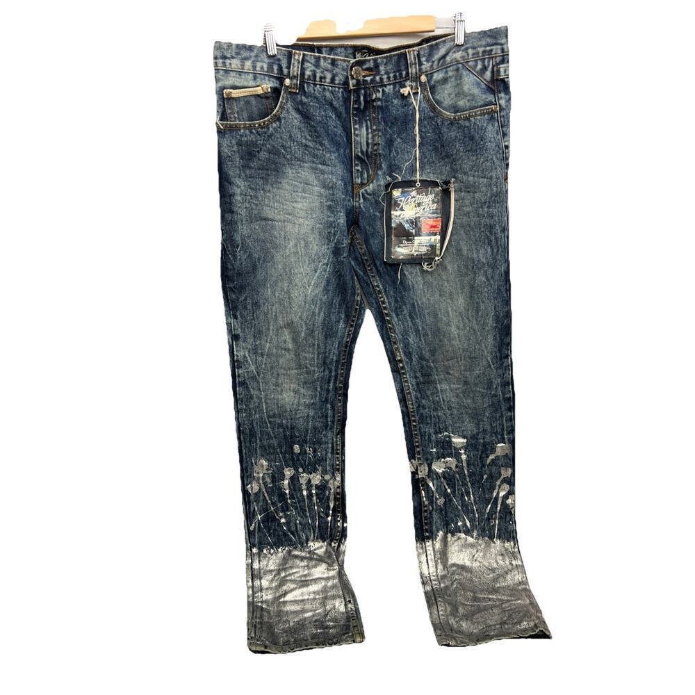 Heritage by America Blue Denim Jeans Silver Paint Splatter Mens 38x34 NWT